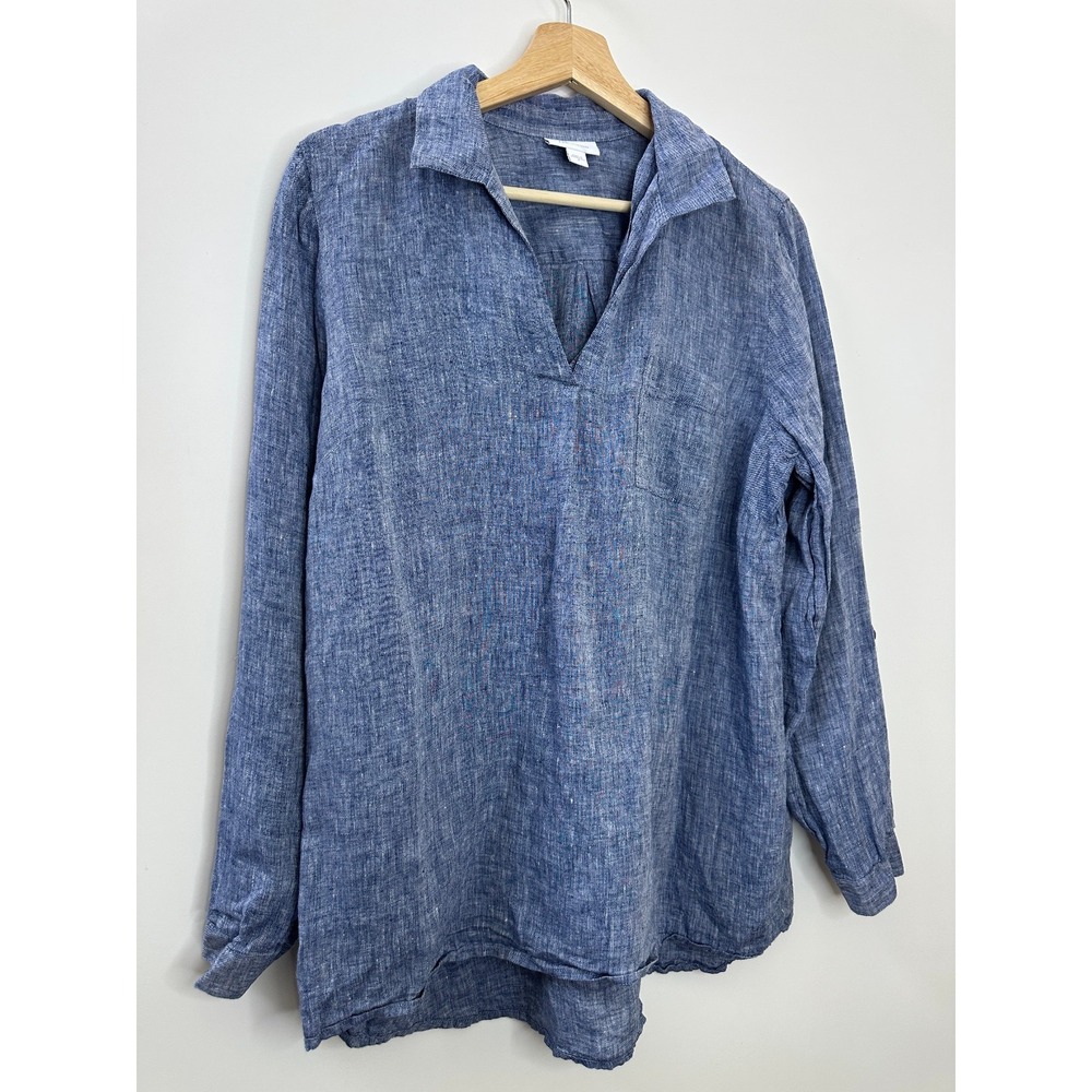 J Jill x Love Linen Roll Tab Pocket Top Medium Blue Lagonlook Coastal Beachy - Picture 14 of 14